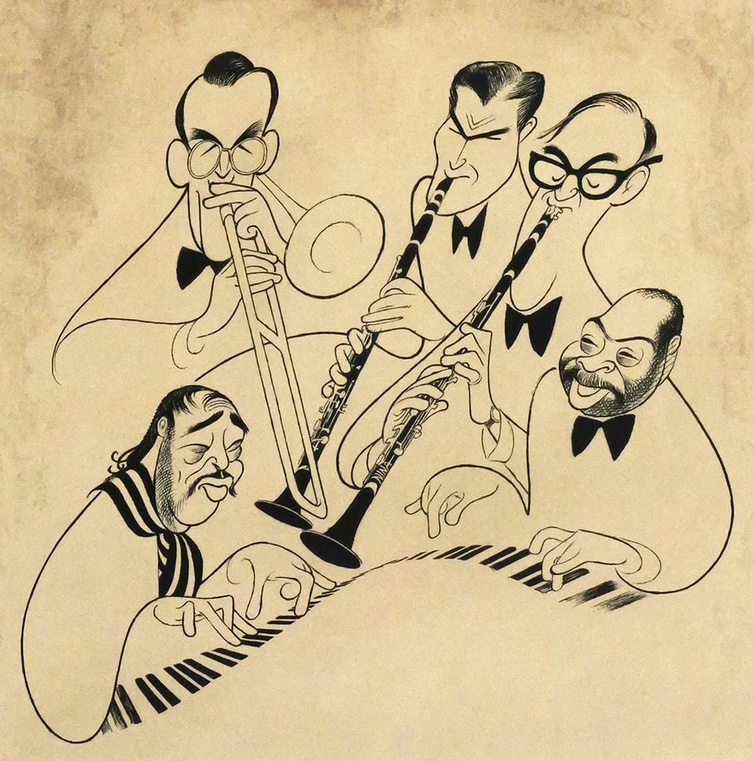AL HIRSCHFELD Big Band Etching: Etching on paper of 5 musicians titled "Big Bands" signed in pencil lower right and numbered left IX/XLV, image measures 14-1/2" x 13-1/2" frame measures 25" x 23". Includes a COA. This item will