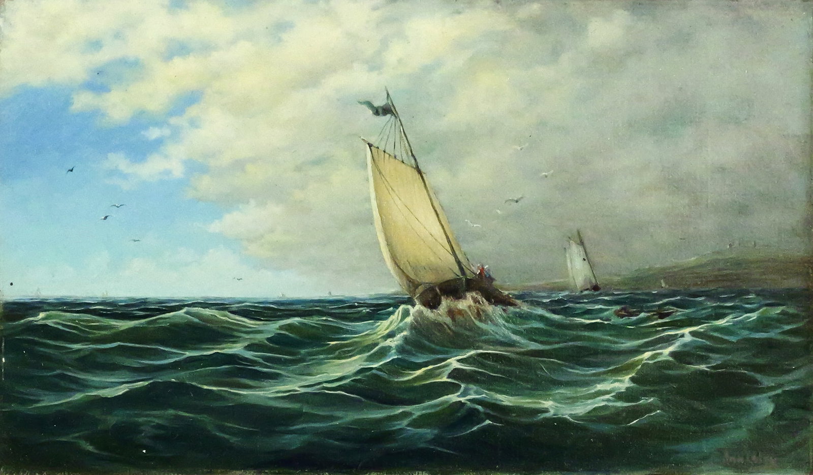 19C Sailing Ship Oil on Canvas Painting, M. White: 19th century American oil on canvas seascape painting of sailing vessels in choppy waters. Lower right has "Annesley" written over a faint artist's sig, "M. White." Annesley is presumed to be the