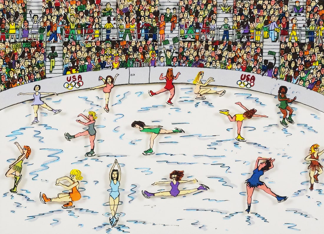 JAMES RIZZI 3D Collage Lithograph, Ice Skating: 3-D cut out lithograph collage titled "That Golden Moment" by pop artist James Rizzi (1950-2011), dated 1998 and numbered 14/350. Signed in pencil below the image. Image measures about 8" x 10-1/2"