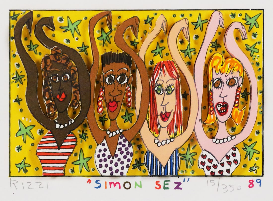 JAMES RIZZI 3D Collage Lithograph, Simon Sez: 3-D cut out lithograph collage titled "Simon Sez" by pop artist James Rizzi (1950-2011), dated 1989 and numbered 15/350. Signed in pencil below the image. Image measures about 3-1/2" x 5" in a