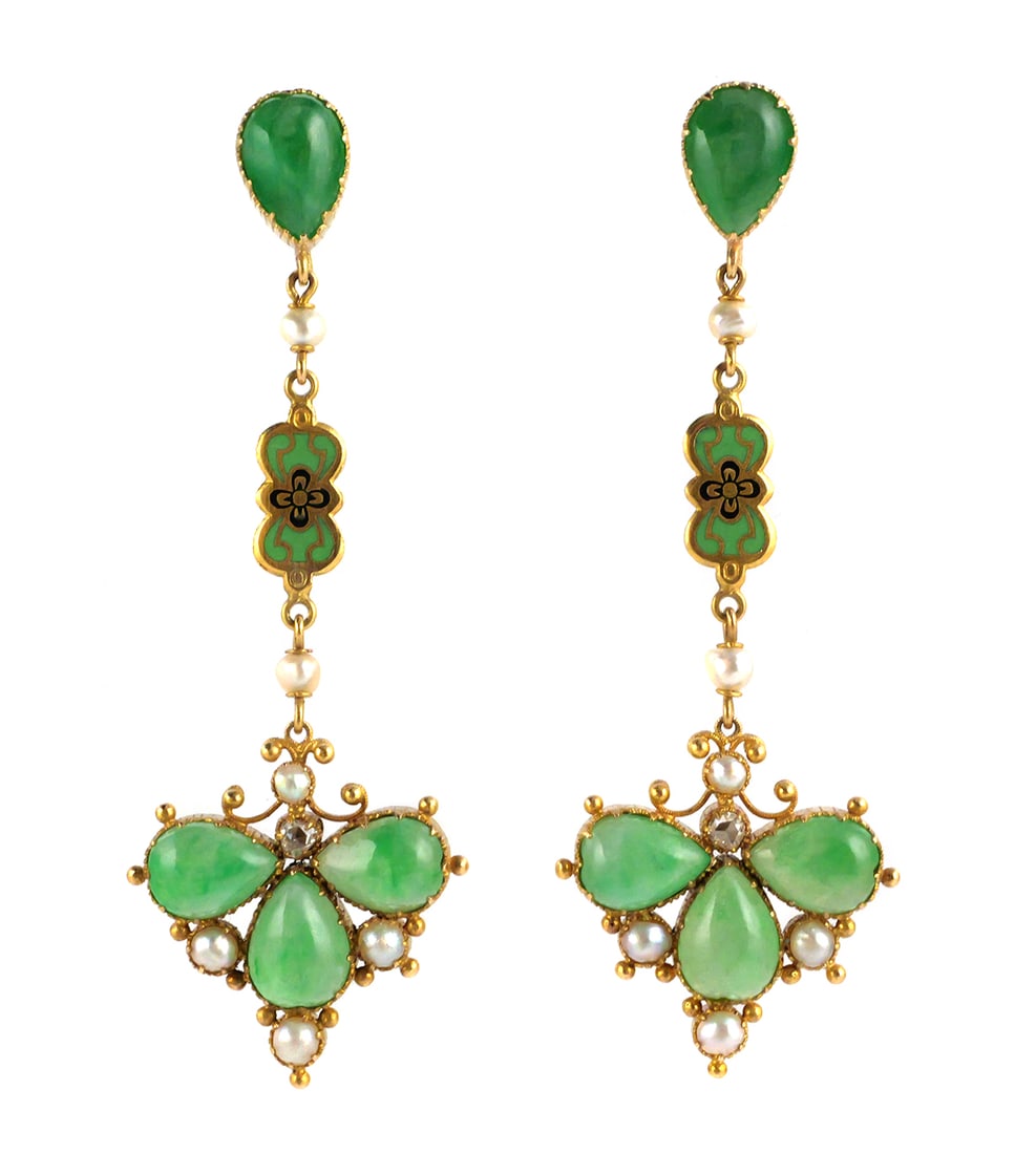 Vintage 14k Gold Jade & Pearl Drop Earrings: Pair of Art Deco drop or chandelier earrings, with jade cabochons and pearls. Just above each bottom pendant is a rose cut diamond measuring about 2mm. Center segment has handpainted enamel design on