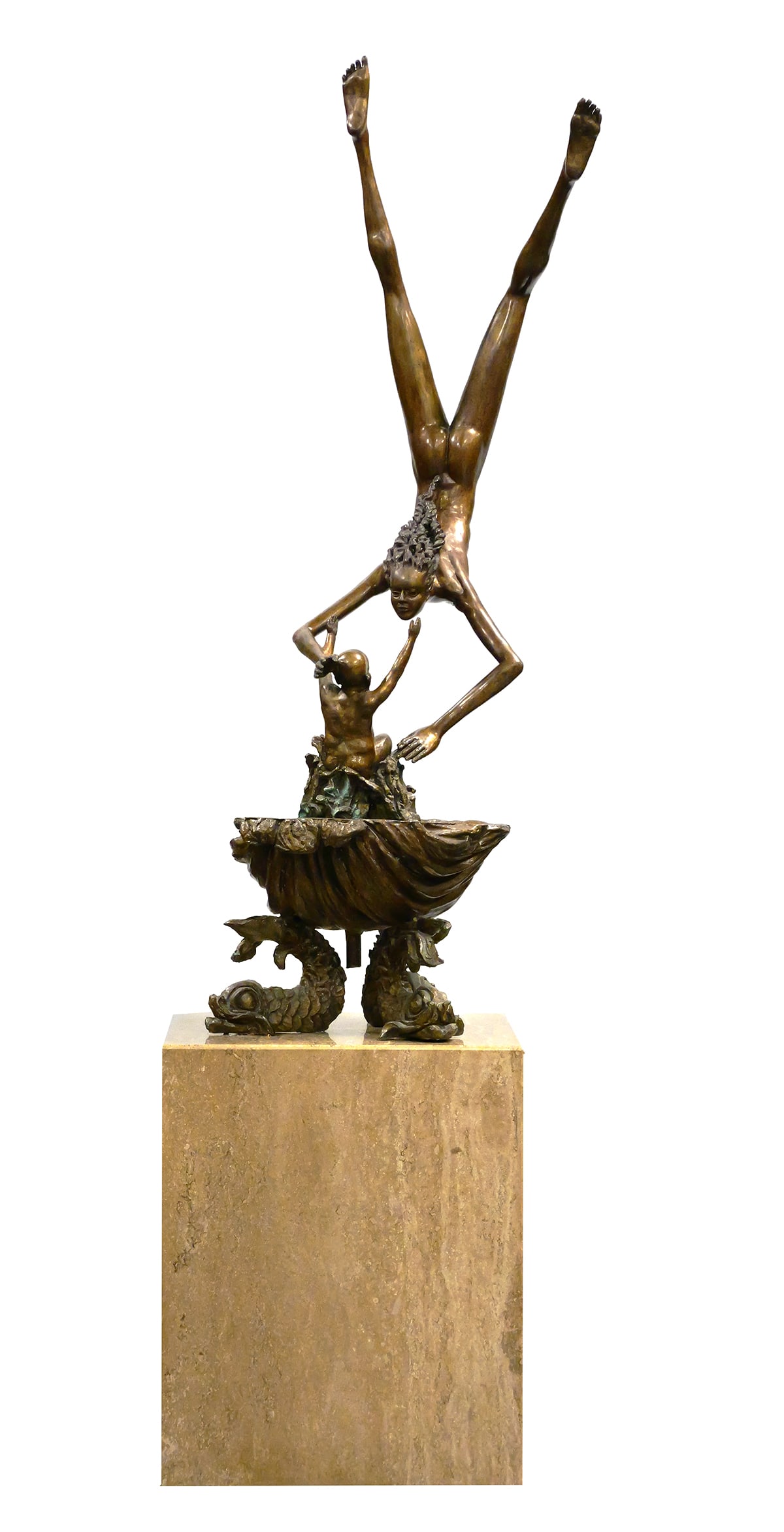 PAPO COBIAN, Bronze Nude Woman Fountain: Large bronze figural group depicting a nude woman swimming down to what appears to be a mermaid/merman infant sitting in a shell. By Sarasota (Florida) artist Papo Cobian. Footed by three stylized dol