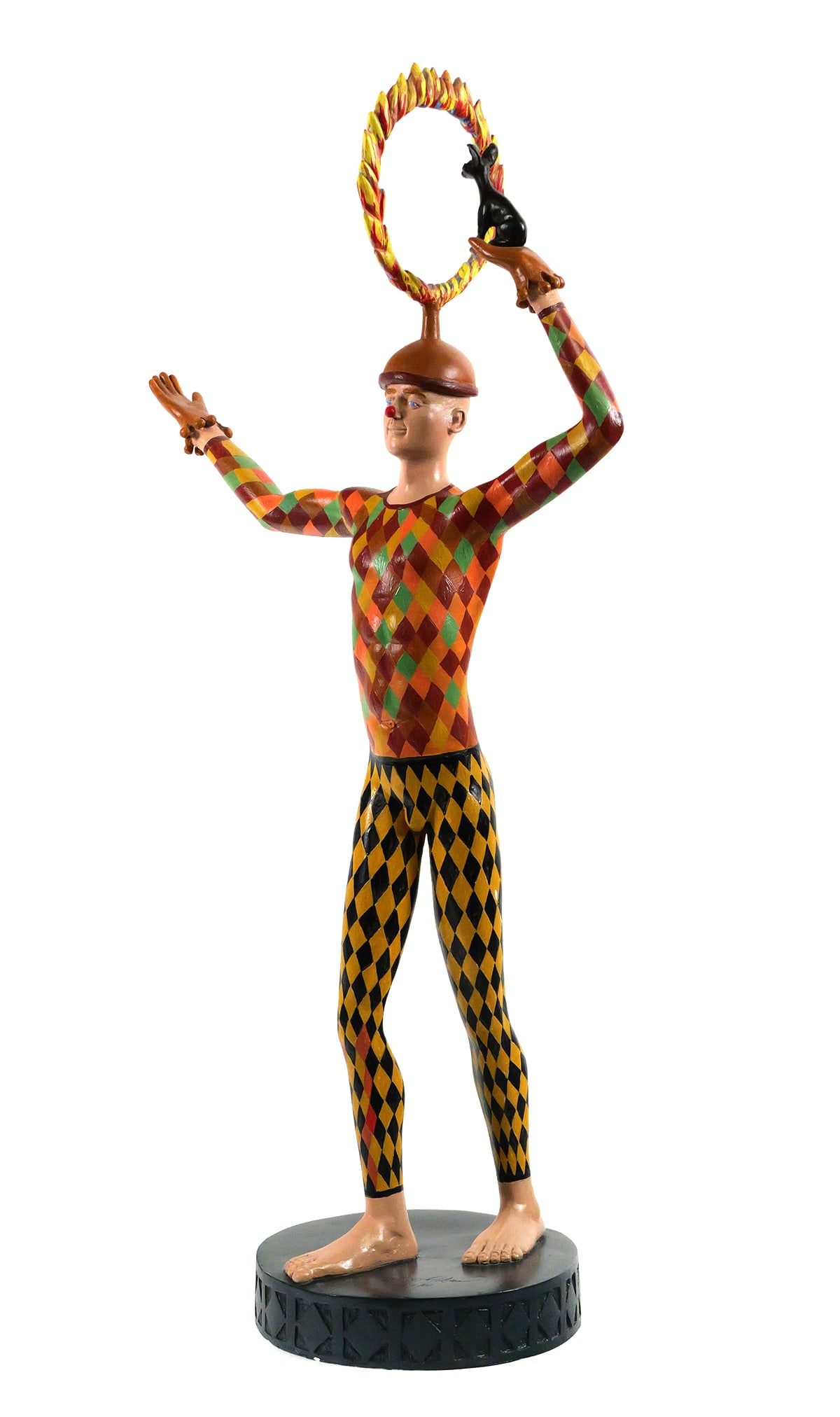 PAPO COBIAN, Whimsical Sculptural Figure: Whimsical cast sculptural figure of a circus performer by Sarasota artist Papo Cobian. Measures approx 34" tall, 17" wide. Signed and dated (9/01) on base. This item will need to be shipped by a