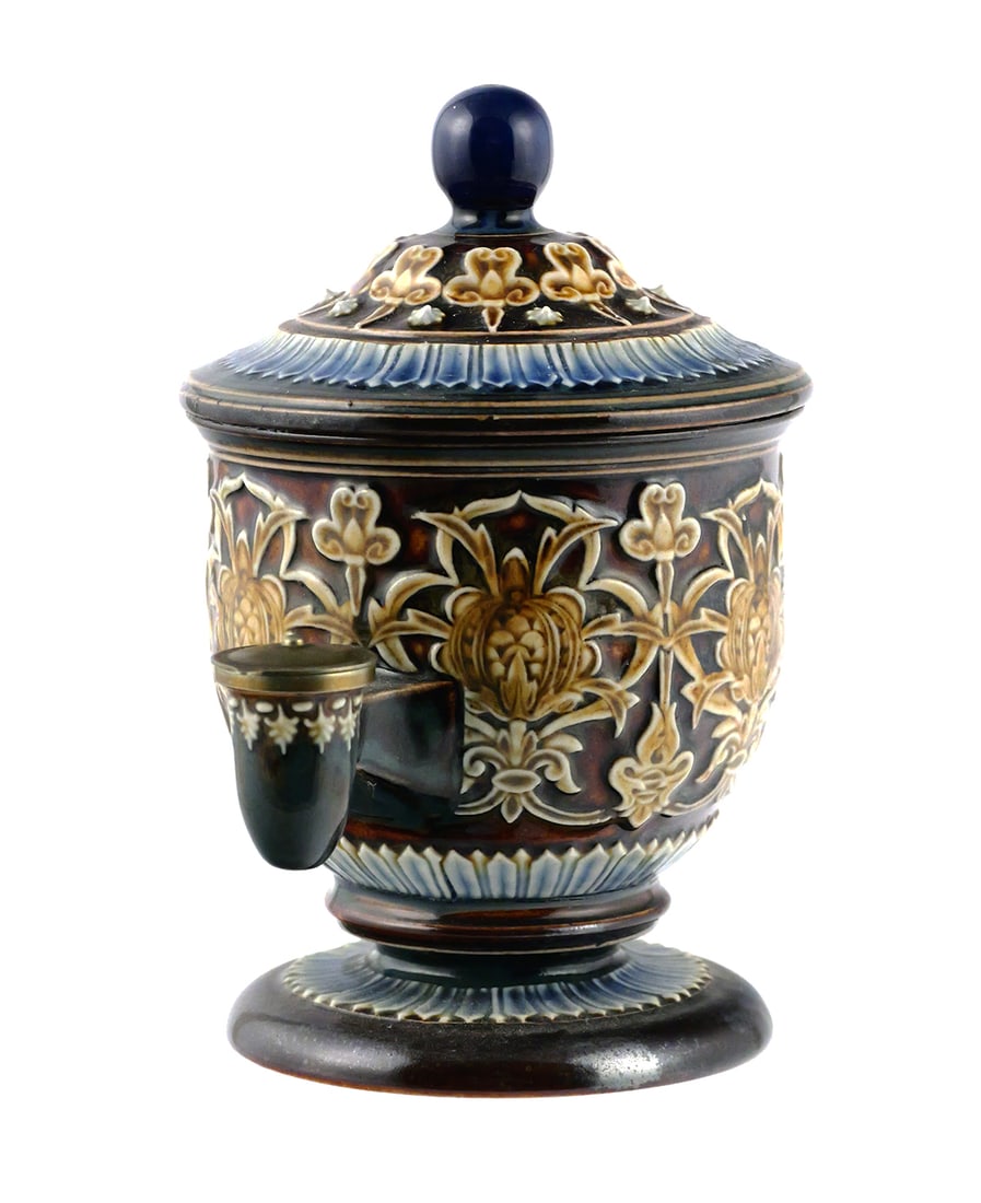 1890s DOULTON LAMBETH Isobath Inkwell: Scarce Doulton Lambeth Isobath inkwell for De La Rue, initialed on bottom by artist Elizabeth Shelley. Measures about 6" high. This item can be shipped in-house. Multiple lot combined shipping may