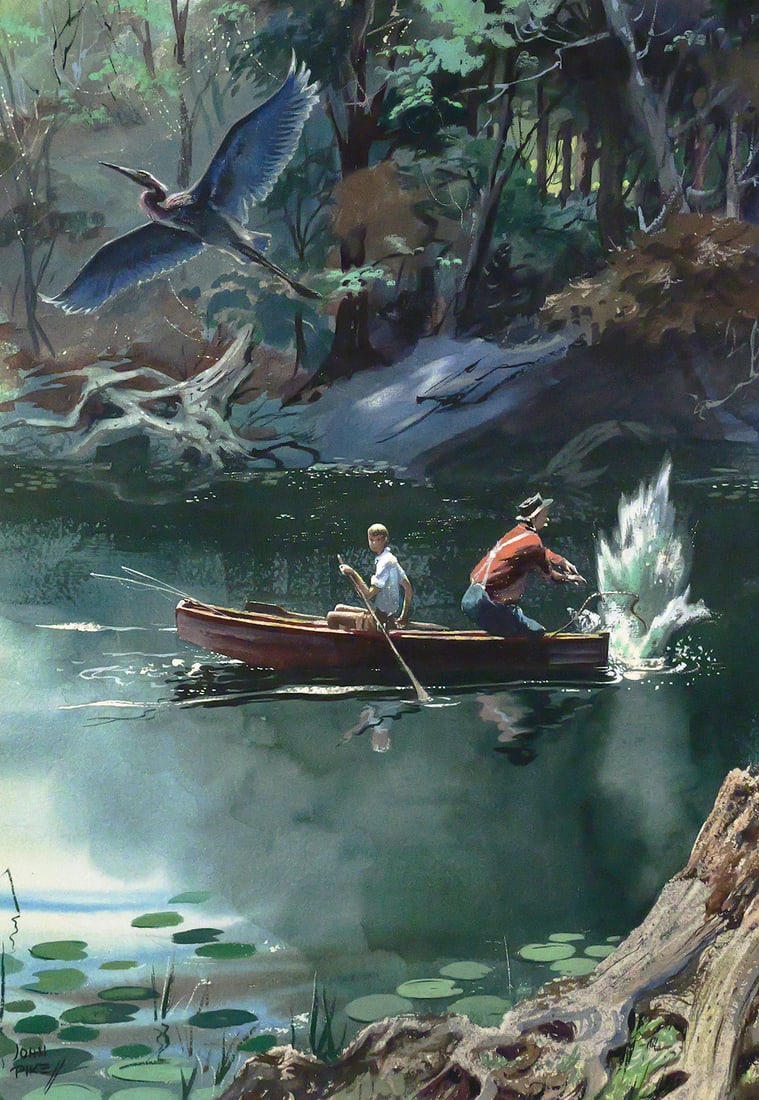 JOHN PIKE Two People in a Boat Watercolor: Outstanding watercolor by John Pike (American, 1911-1979) depicting a young man paddling a small boat as an older man, possibly his grandfather, drops an anchor over the stern. A large aquatic bird