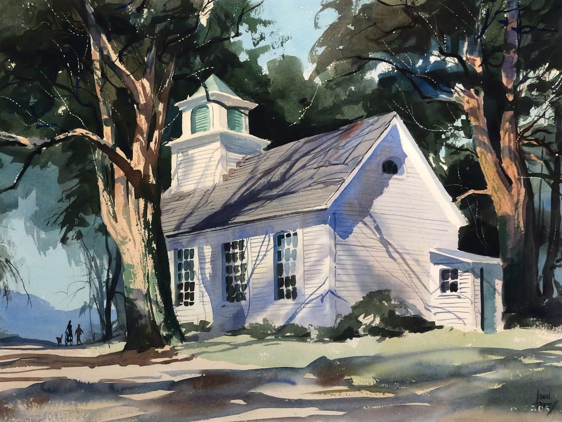JOHN PIKE Schoolhouse Watercolor: Watercolor and gouache on paper of a white schoolhouse or church in a landscape, signed lower right John Pike (American, 1911-1979), image measures 21-1/2" x 28-1/2". This item will need to be