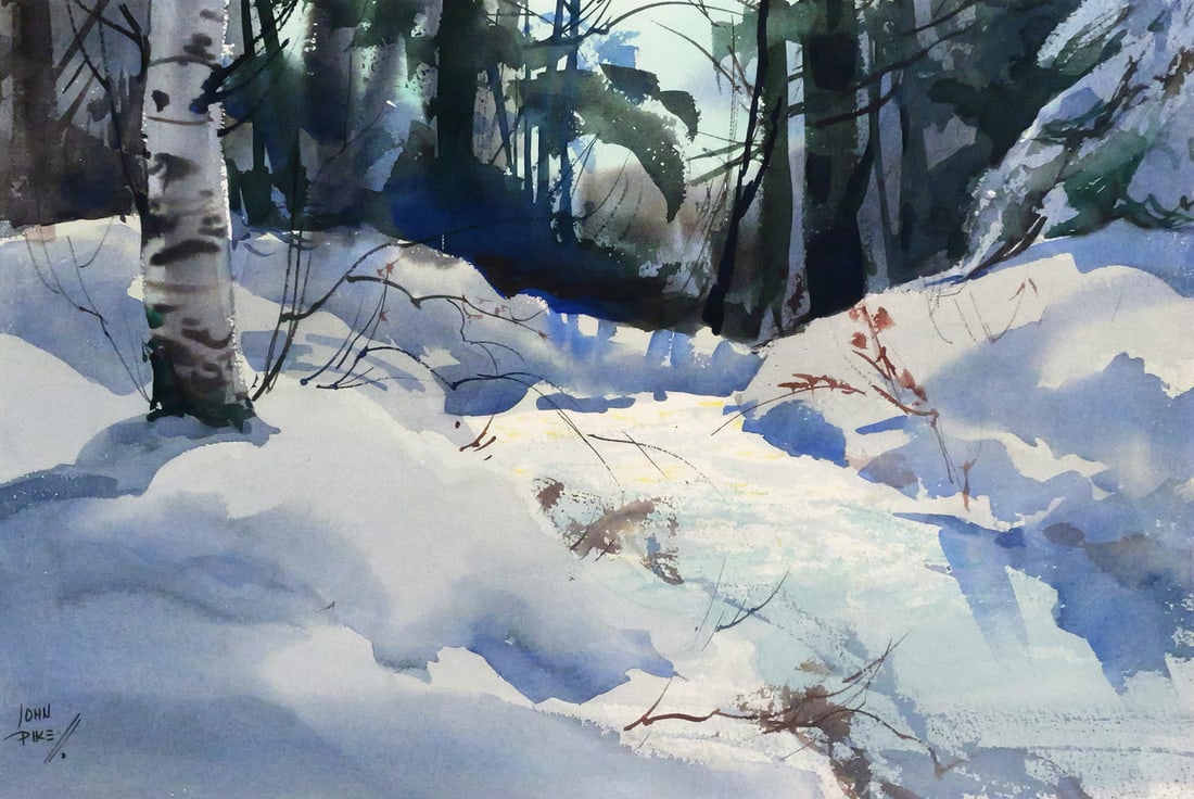 JOHN PIKE Snowy Landscape Watercolor: Watercolor and gouache on paper of a snowy landscape, signed lower left John Pike (American, 1911-1979), image measures 14-1/2" x 21-1/2" frame measures 27-1/2" x 34". This item will need to be
