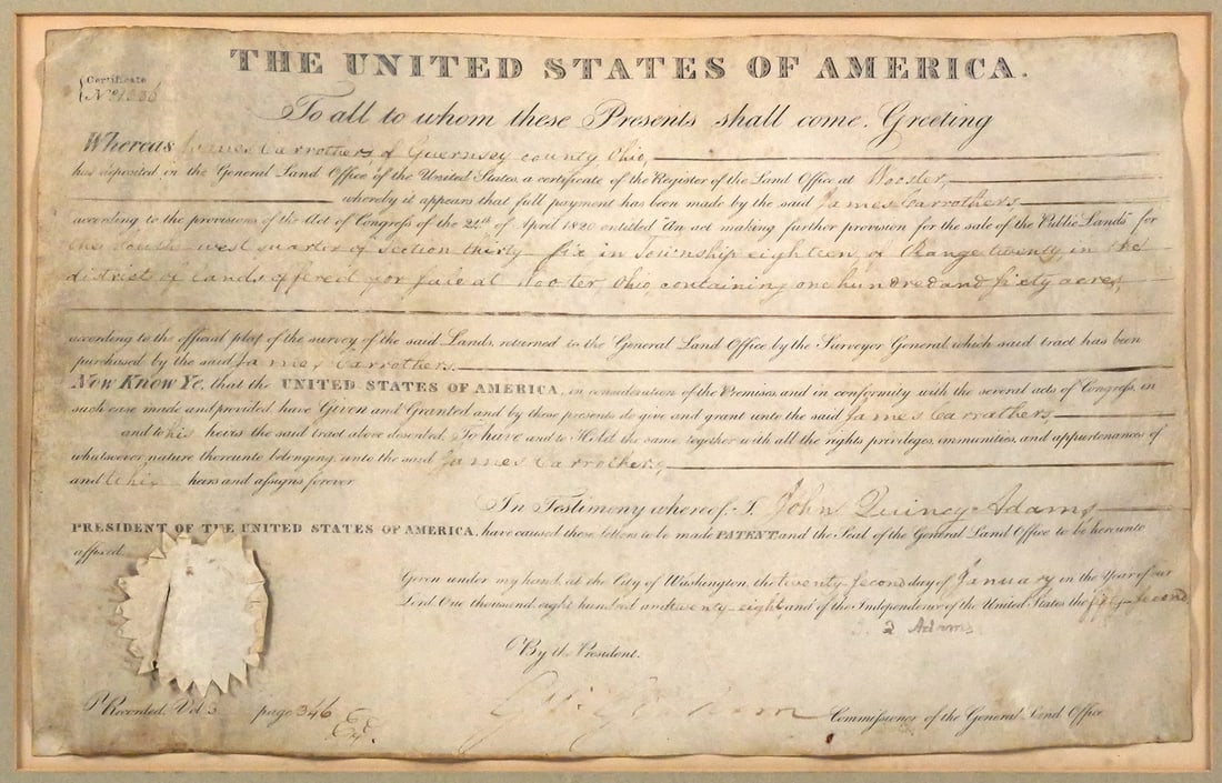 JOHN QUINCY ADAMS Signed 1828 Document: Land grant for James Carrothers of Ohio, signed by U.S. president John Quincy Adams. Document measures about 9-1/2" x 15" in 17-1/8" x 22-7/8" frame. Note: Land grants were hand-signed by U.S.