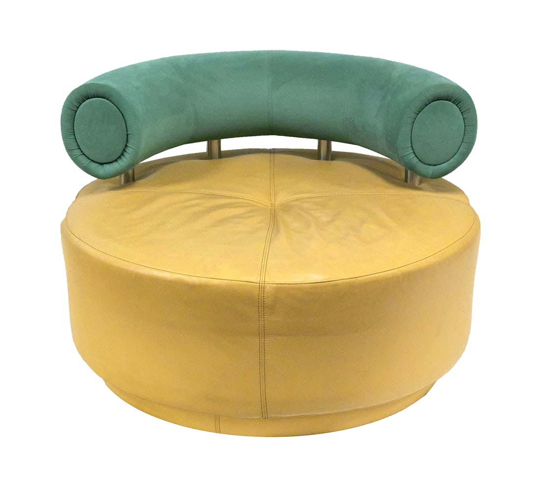 [VLADIMIR KAGAN] Ultrasuede & Leather Chair: American Leather swiveling chair. Part of a group of living room furniture from American Leather (Dallas, Texas), attributed to designer Vladimir Kagan, who collaborated with American Leather. This
