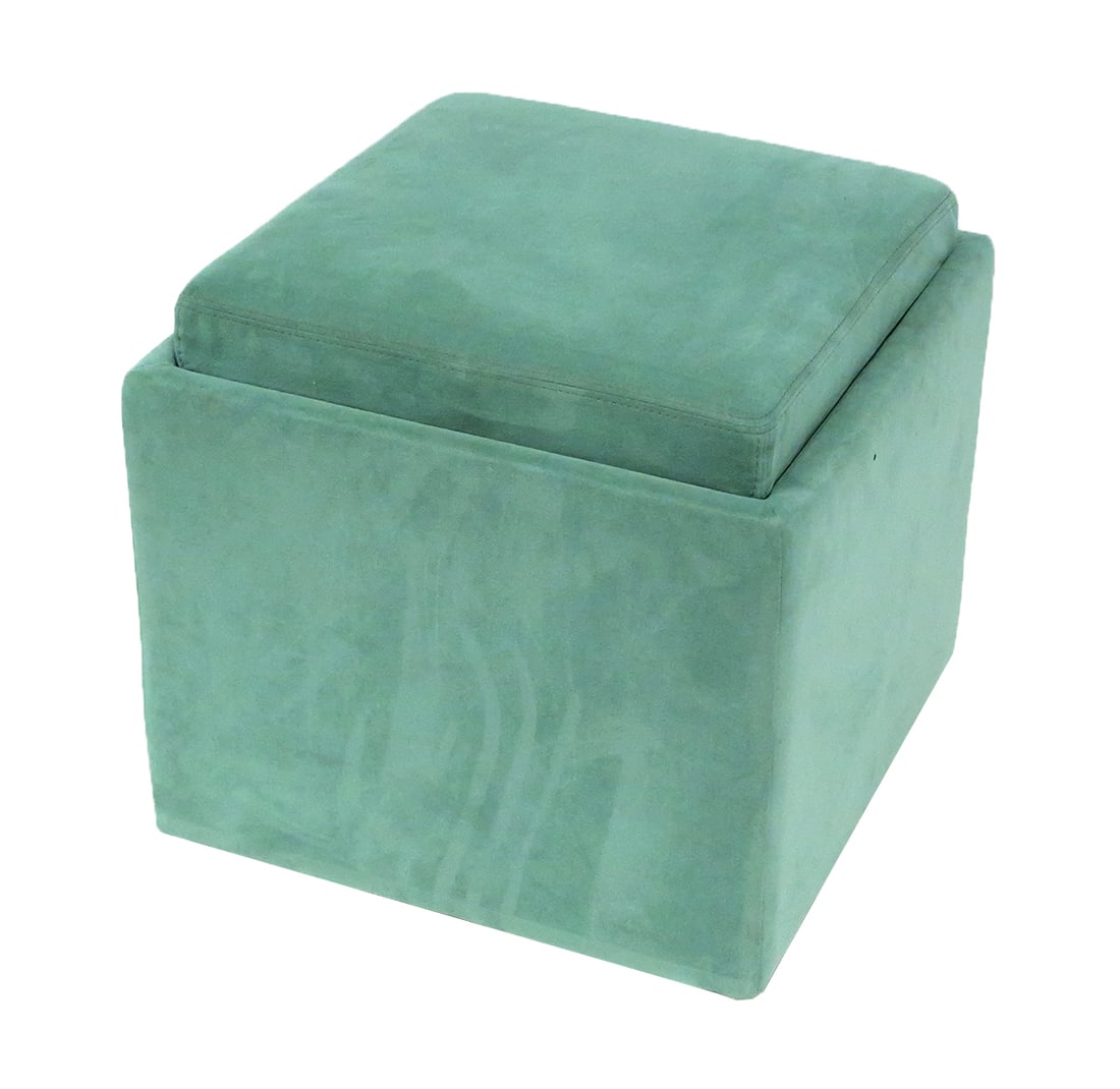 [VLADIMIR KAGAN] Ultrasuede Ottoman Footrest: American Leather grayish green ultra suede footrest storage box. Reversible lid cover is padded on one side and a handled tabletop on the other. Part of a group of living room furniture from American