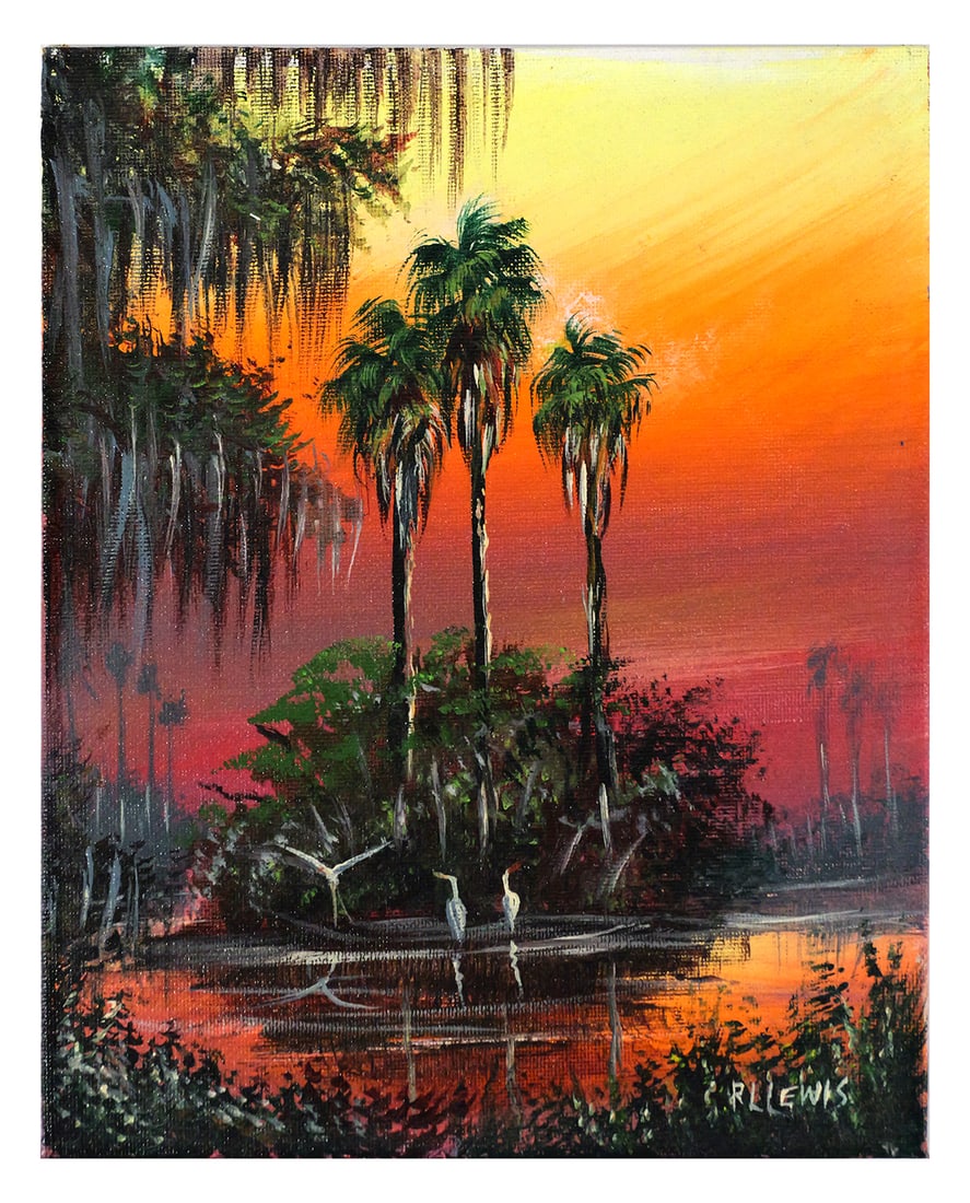 Highwaymen: R.L. LEWIS Florida Painting: Painting on board of a Florida landscape of palm trees and water at dawn or dusk by Highwaymen artist R.L. Lewis (American, 1941-2026), image measures 9-1/2" x 7-1/2" frame measures 12" x 10". This