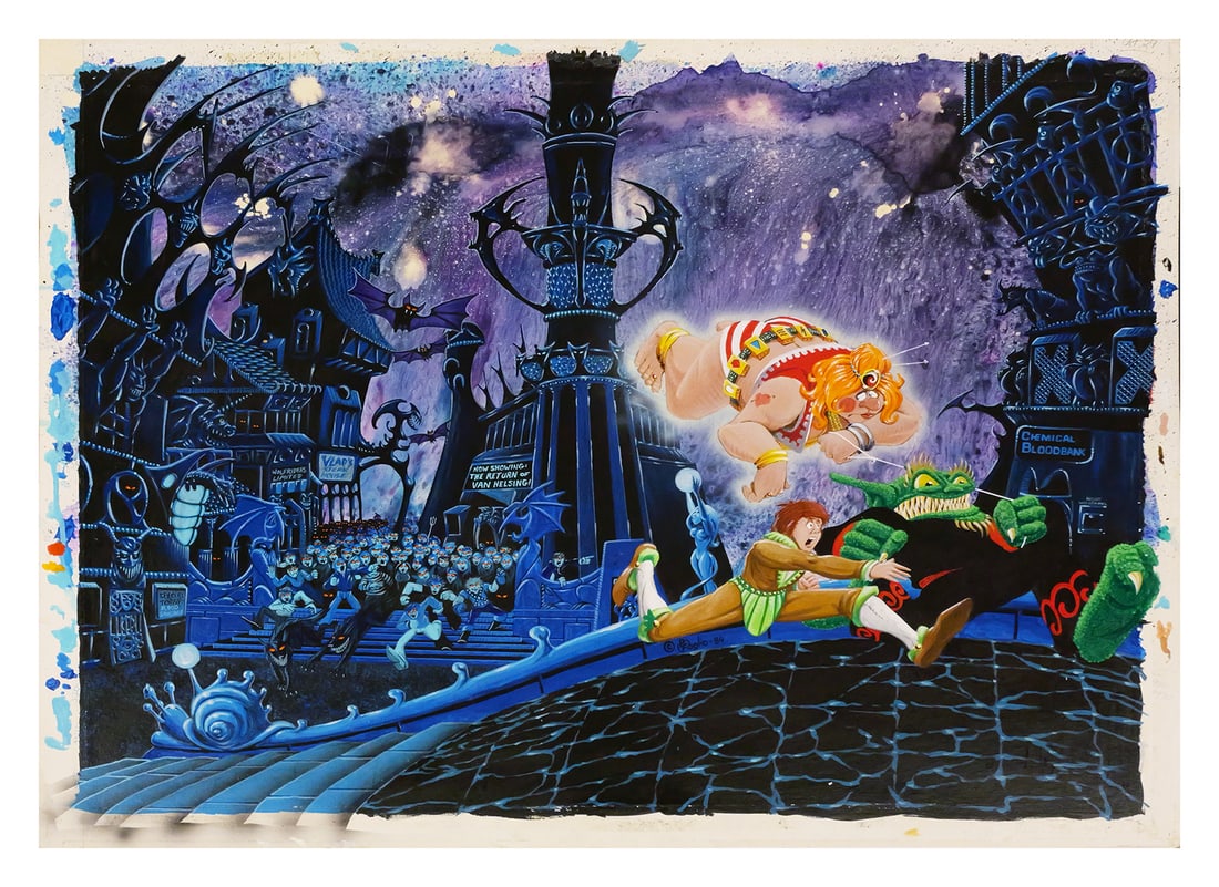 PHIL FOGLIO, Original Painting Book Cover Art: Vibrant original painting by artist Phil Foglio (American, b. 1956), the original artwork for the cover of the fifth of Robert Asprin's humorous fantasy "MythAdventures" series books titled Myth-ing P