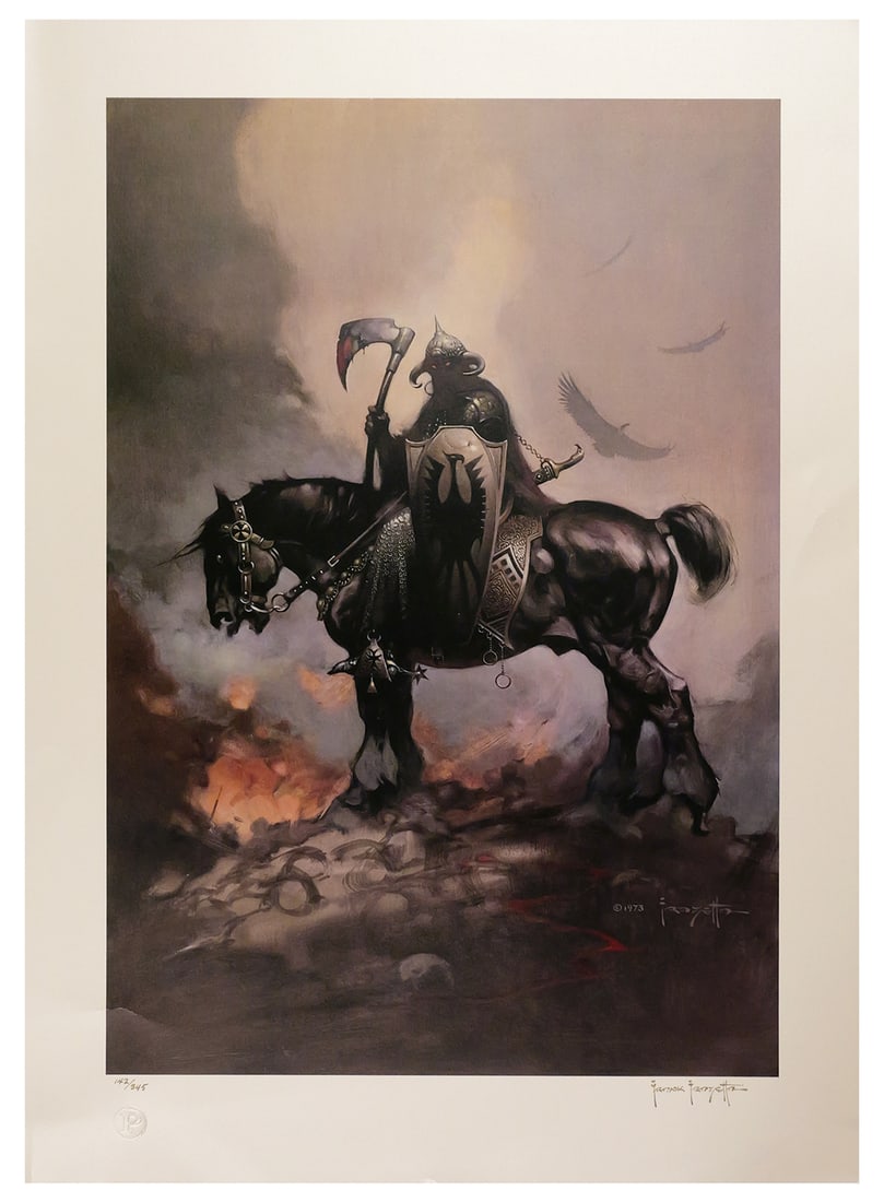 FRANK FRAZETTA, Death Dealer Signed Lithograph: Iconic lithograph, signed and numbered to 345, by Frank Frazetta (American, 1928-2010), widely regarded as the "godfather of fantasy art." Comes with publisher's COA (Paragon) with matching number.