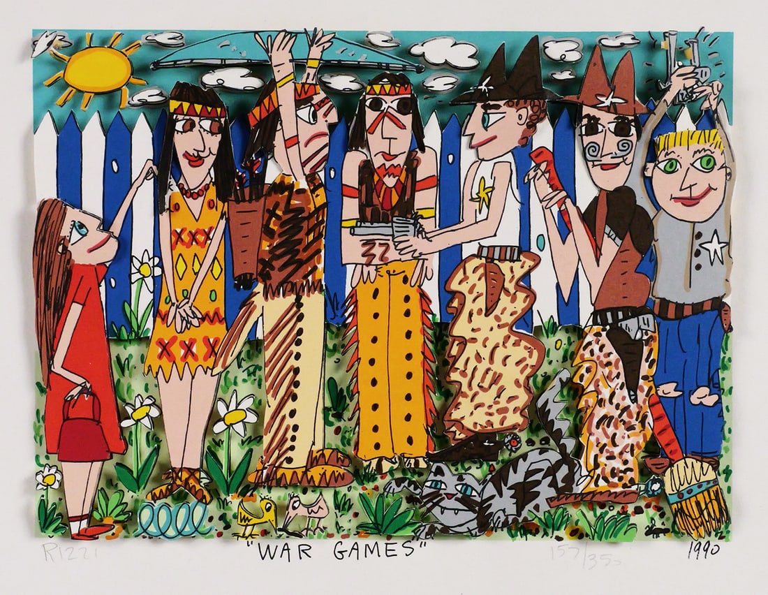 JAMES RIZZI 3D Collage Lithograph, War Games: 3-D cut out lithograph collage titled "War Games" by pop artist James Rizzi (1950-2011), dated 1990 and numbered 157/350. Signed in pencil below the image. Unframed sheet measures 9-1/2" x 11". One