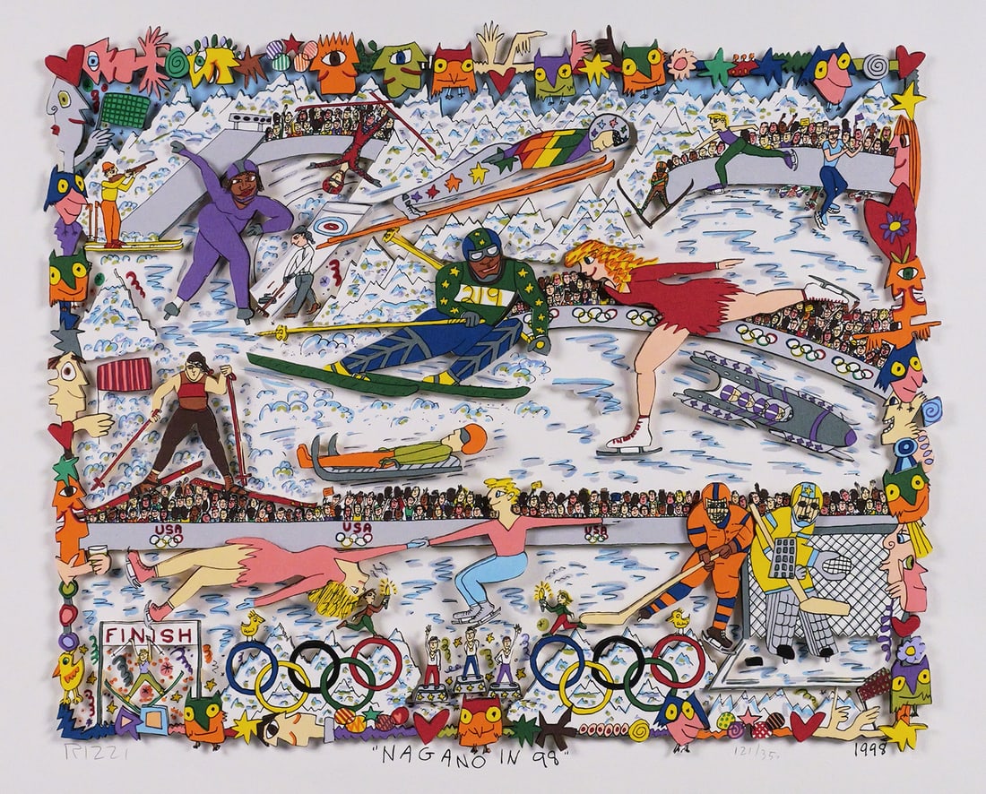 JAMES RIZZI 3D Collage Lithograph, Nagano: 3-D cut out lithograph Olympics collage titled "Nagano in 98" by pop artist James Rizzi (1950-2011), dated 1998 and numbered 121/350. Signed in pencil below the image. Unframed sheet measures 15-3/4"