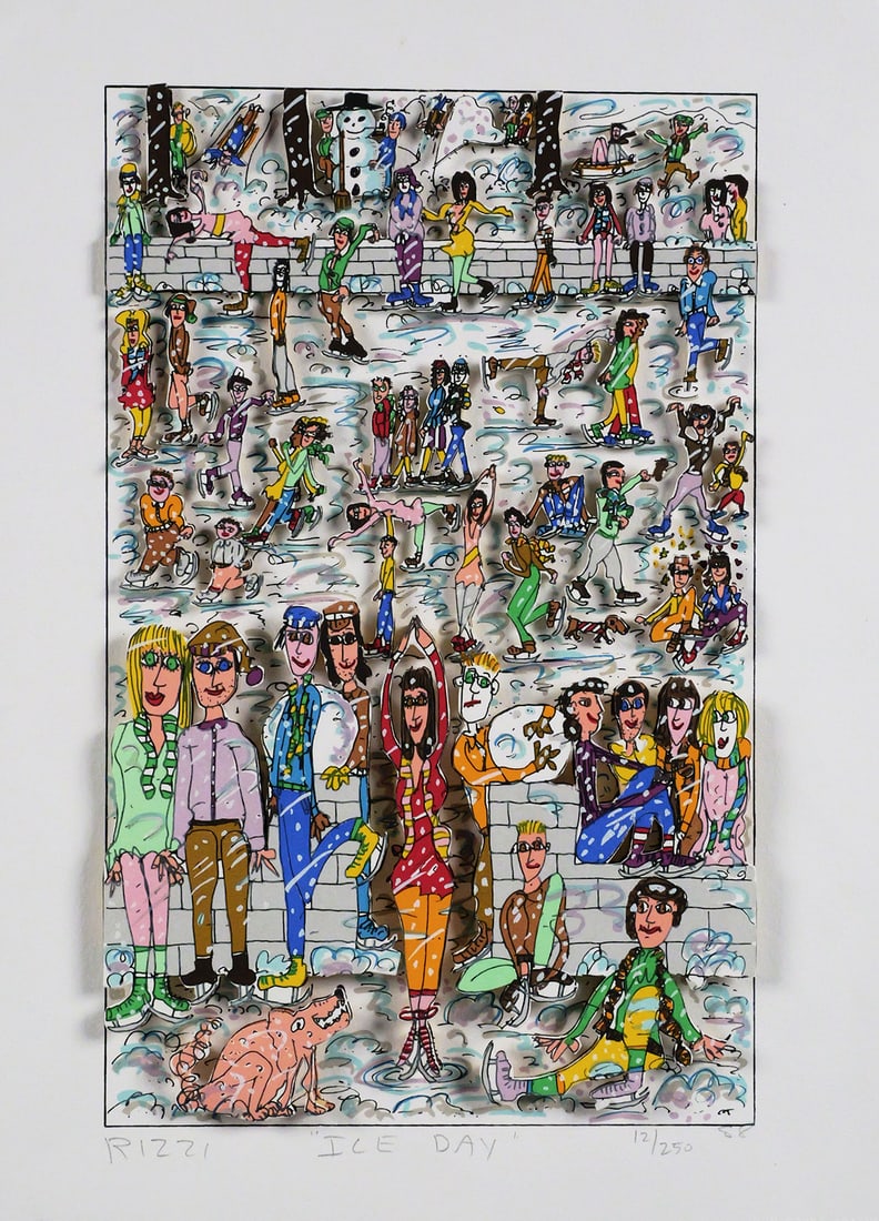 JAMES RIZZI 3D Collage Lithograph, Ice Day: 3-D cut out lithograph ice skating collage titled "Ice Day" by pop artist James Rizzi (1950-2011), dated 1988 and numbered 12/250. Signed in pencil below the image. Unframed sheet measures 14" x 10".