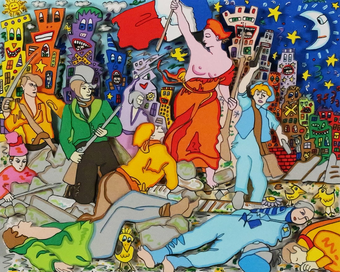 JAMES RIZZI 3D Collage Lithograph, Patriotic: 3-D cut out lithograph collage titled "Liberty Leading the People" by pop artist James Rizzi (1950-2011), dated 1830 and 1998, and numbered 86/350. Signed in pencil below the image. Image measures