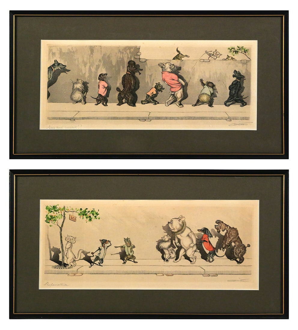 BORIS O' KLEIN, Engravings, Dirty Dogs of Paris: BORIS O' KLEIN, Pair of Engravings, Dirty Dogs of Paris Series. Pencil signed and titled, "Sus aux curieux!!" and "Profanateur". Mat windows are approx 7-1/2" x 18", frames approx 12-1/2" x 23-1/4".