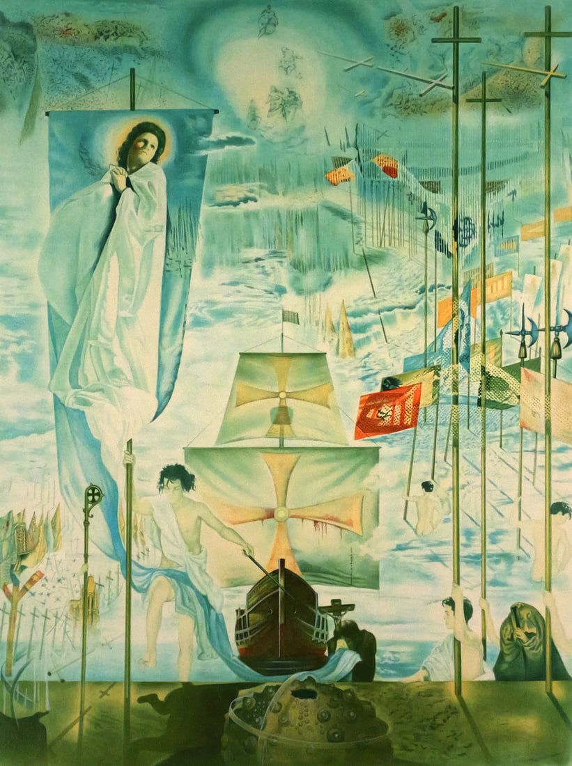 SALVADOR DALI Discovery of America Print: Reproduction lithograph of the painting "Discovery of America" by Salvador Dali, image measures 30" x 22-1/2" frame measures 41" x 32". This item will need to be shipped by a packing company of your c