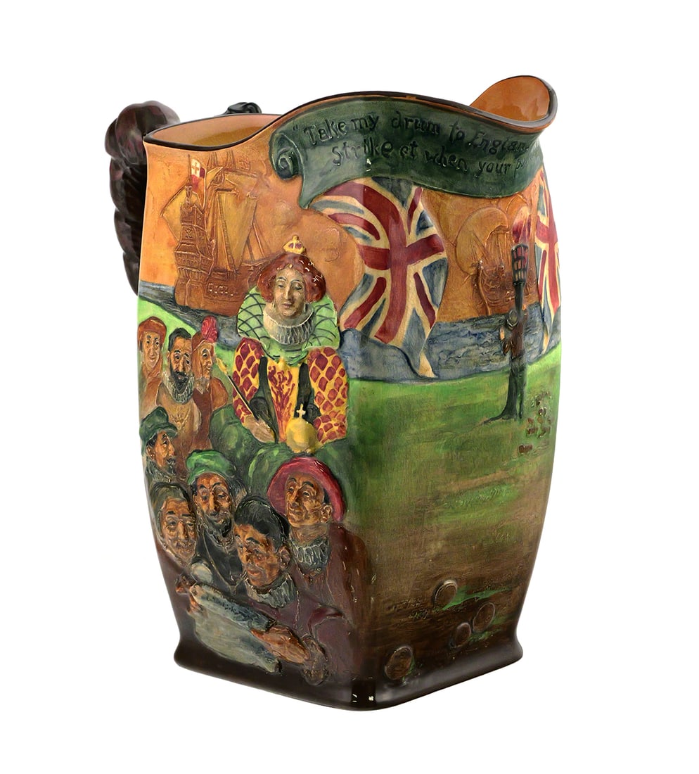 Royal Doulton Sir Francis Drake Jug Pitcher: Royal Doulton Sir Francis Drake Jug, Circa 1930s. By designers Charles Noke and Harry Fenton. Numbered 11/500. Measures approx 10-3/4" tall, 6" wide, 10" deep. This item can be shipped in-house. Multi
