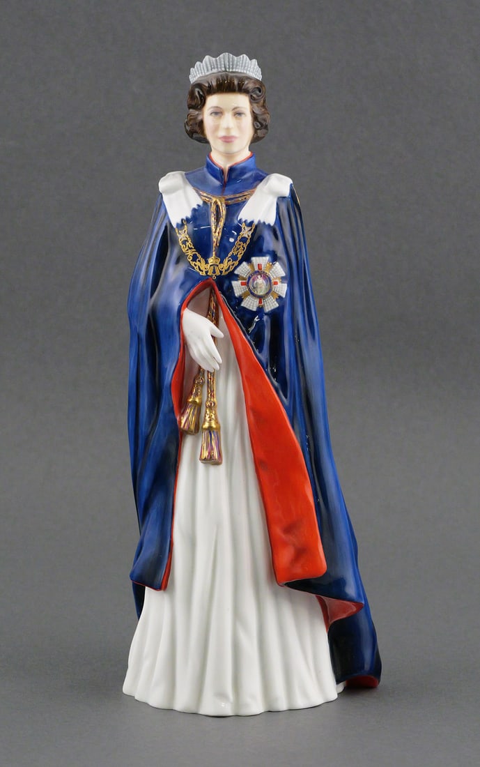 Royal Doulton, Queen Elizabeth II, 1983: Royal Doulton Queen Elizabeth II figure to celebrate the 30th anniversary of the coronation. Numbered 1772/2500. Dated 1983. Measures approx 10-1/4" tall. Signed on bottom by Michael Doulton (5th Gen.