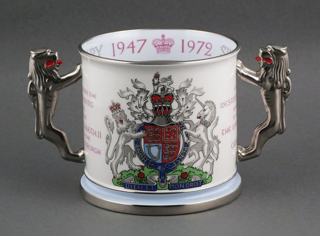 Paragon Loving Cup Queen Elizabeth Silver Wedding: Paragon Fine Bone China Loving Cup Queen Elizabeth and Prince Philip Silver Wedding Anniversary 1972, 634/750. Measures approx 5" tall, 9" wide (handle to handle), 5-3/4" diameter. This item can be sh