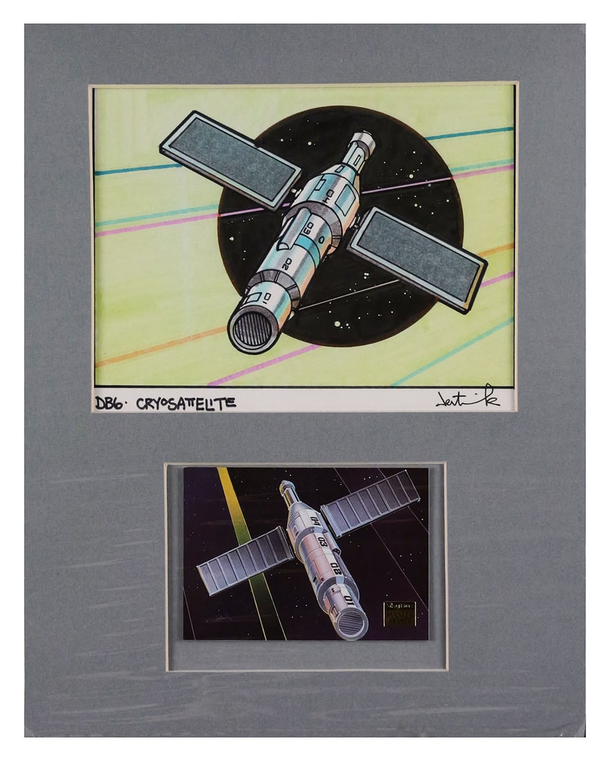 Skybox STAR TREK Trading Card Original Art: Original concept sketch art for a 1994 Skybox Star Trek trading card (#55 of the Series II set), depicting a "DB6 Cryosatellite." Full-color marker drawing by David Deitrick, the artist for the card i