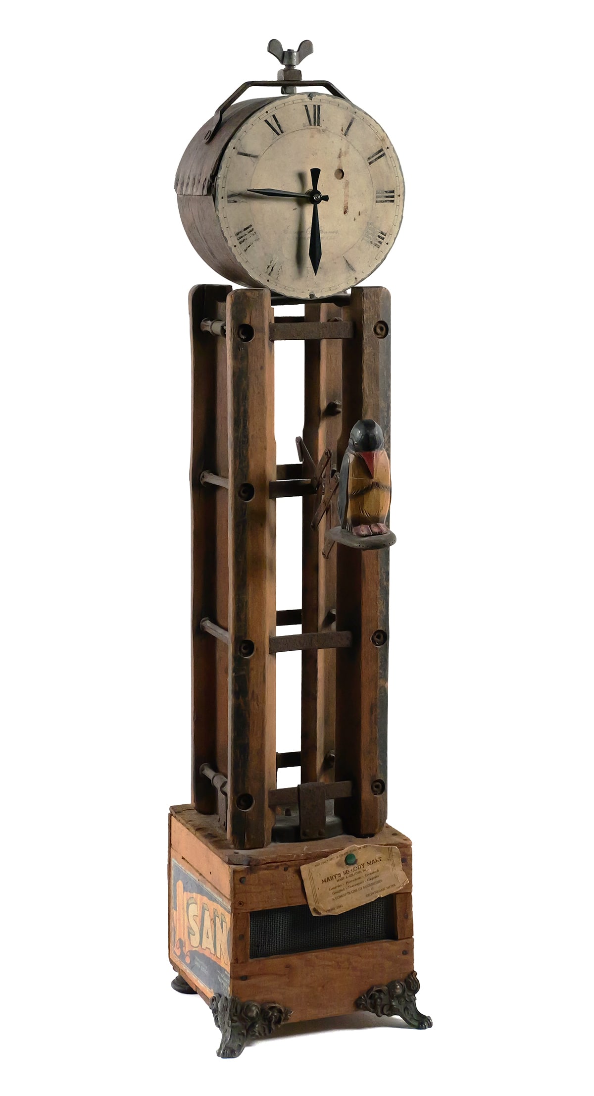 Large Vintage Folk Art Clock Tower Sculpture: Large Vintage Folk Art Clock Tower Sculptural piece. Signed by artist (name illegible) on back. Measures approx 36" tall. This item will need to be shipped by a packing company of your choice. We main
