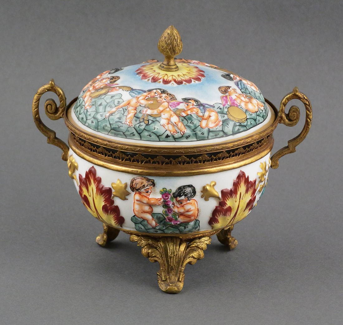 Capodimonte Covered Porcelain & Brass Footed Bowl (1 of 5)