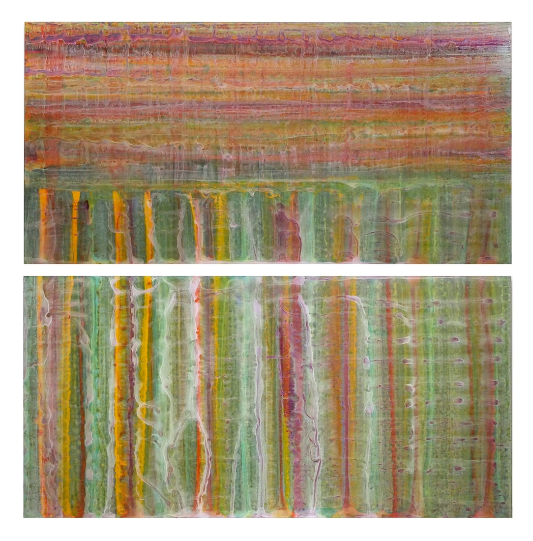 CHRISTOPHER MARTIN Abstract Painting Diptych: Acrylic on acrylic diptych by Texas/Florida artist Christopher Martin (American, b. 1969), similar to his Cascade Series, on verso reads "Ten 09" signed and dated 2005. Work measures 30" x 60" each
