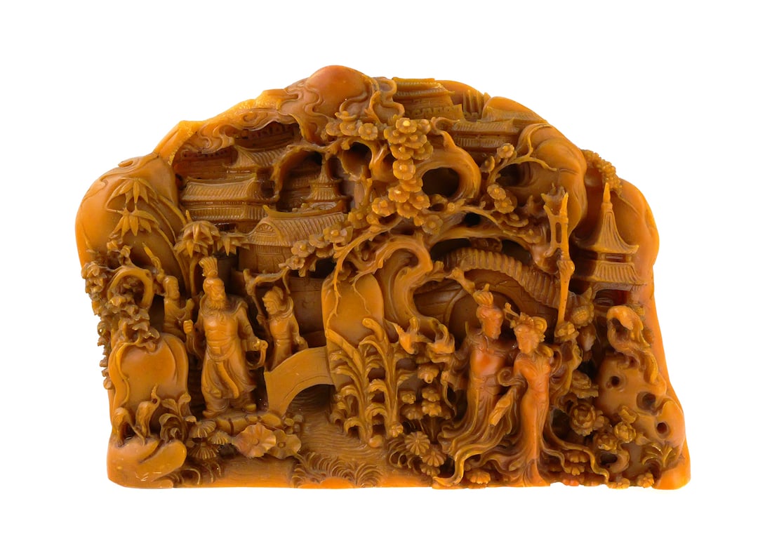 Chinese Shoushan Hardstone Carving: Chinese Tianhuang Shoushan stone carving. Sculpture is intricately carved in high relief with a landscape scene depicting scholars, attendants, and pavilions among flowering trees and clouds. Reverse