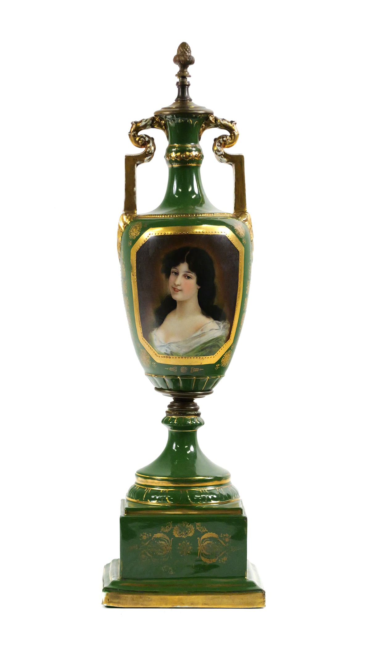 Large Royal Vienna Amphora Portrait Urn Vase: Royal Vienna Portrait Amphora Form Urn Vase Hand Painted. Measures 24" tall. This item will need to be shipped by a packing company of your choice. We maintain a list of reliable shippers, or you may 