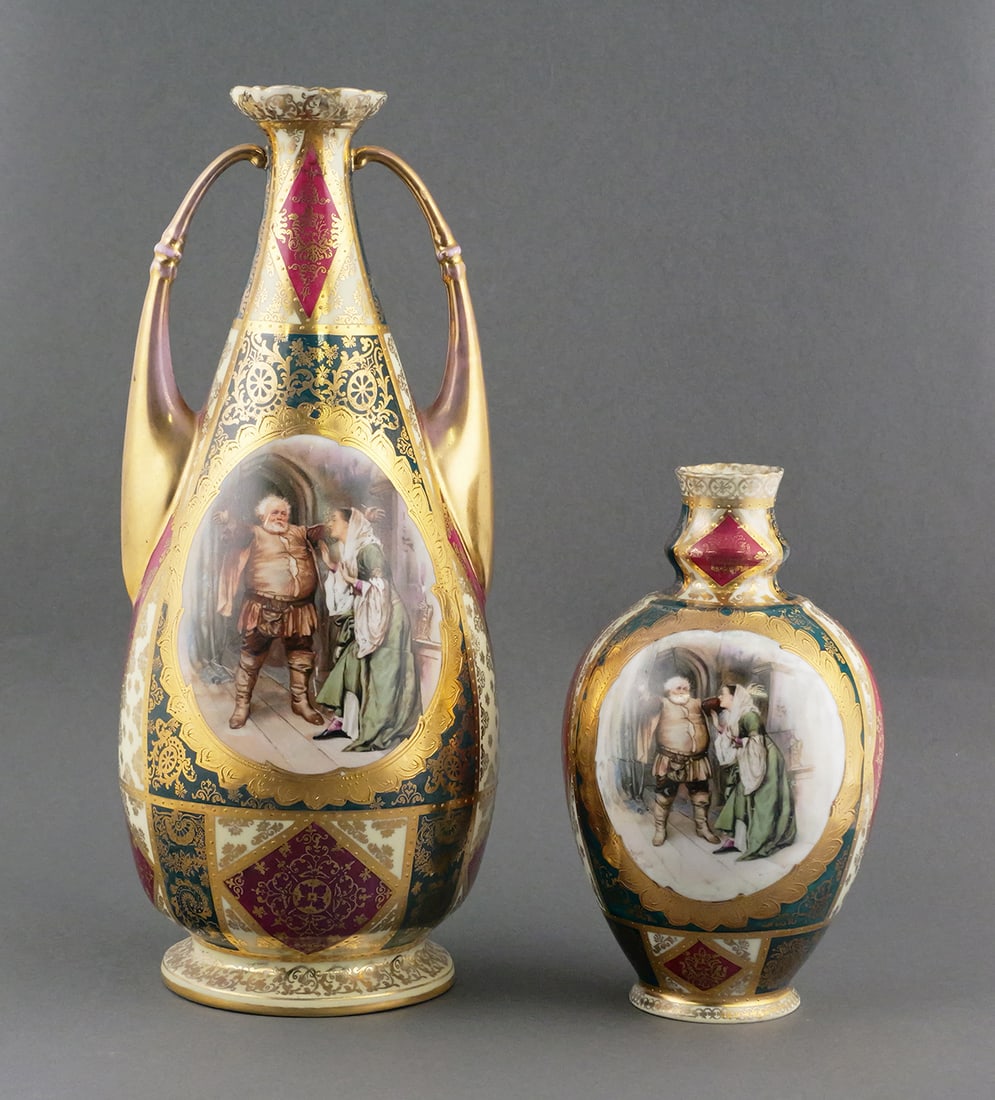 (2) Royal Vienna Porcelain Vases Falstaff: (2) Royal Vienna Porcelain Vases painted with a scene from Shakespeare's Falstaff. Both have the Royal Vienna beehive mark on their bases. Largest piece measures approx 13-1/2" tall, 6" wide. This