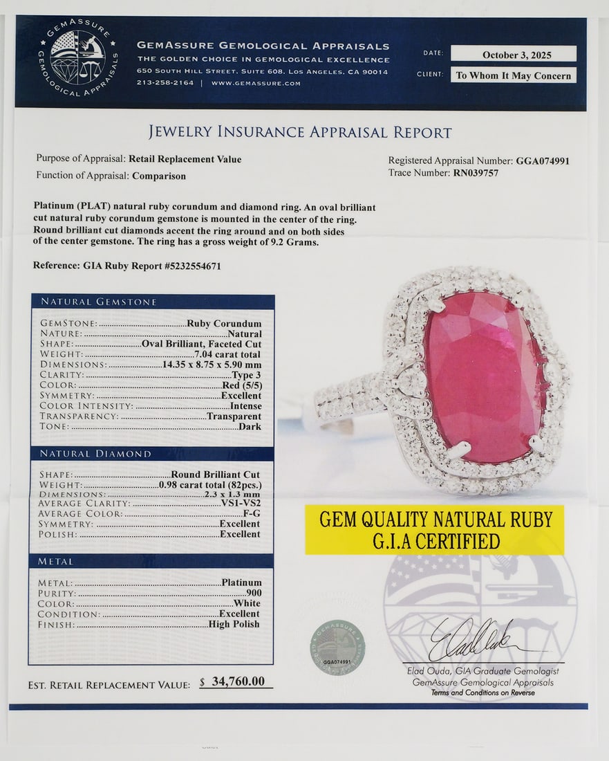 Platinum Natural Ruby Diamond Ring - 5