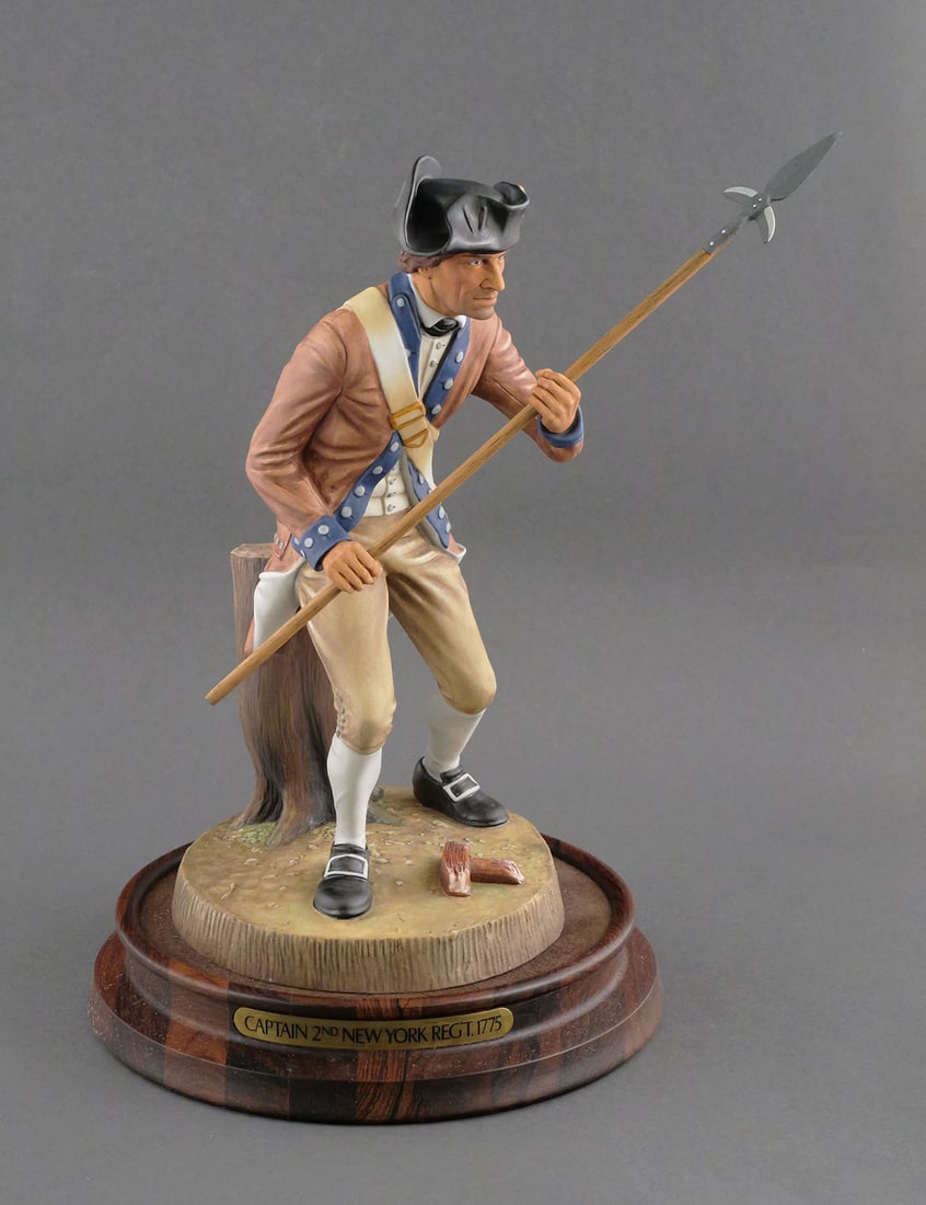 Royal Doulton Soldiers Of The Revolution New York: Royal Doulton Colonial Williamsburg Soldiers Of The Revolution Captain, 2nd New York Regiment 1775. Numbered 270/350. Dated 1976. Comes with original base and COA book signed by artist, EJ Griffiths.