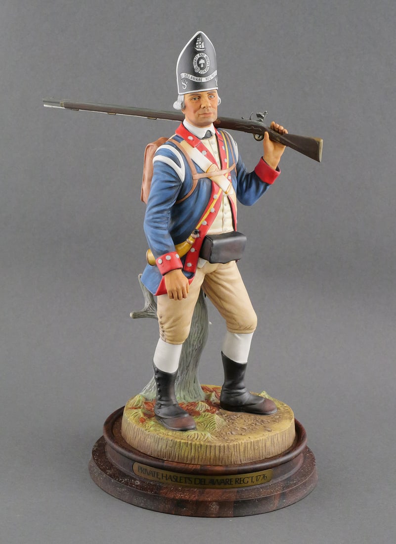 Royal Doulton Soldiers Of Revolution Delaware: Royal Doulton Colonial Williamsburg Soldiers Of The Revolution Private, Delaware Regiment 1776. Numbered 270/350. Dated 1977. Comes with original base and COA book signed by artist, EJ Griffiths.
