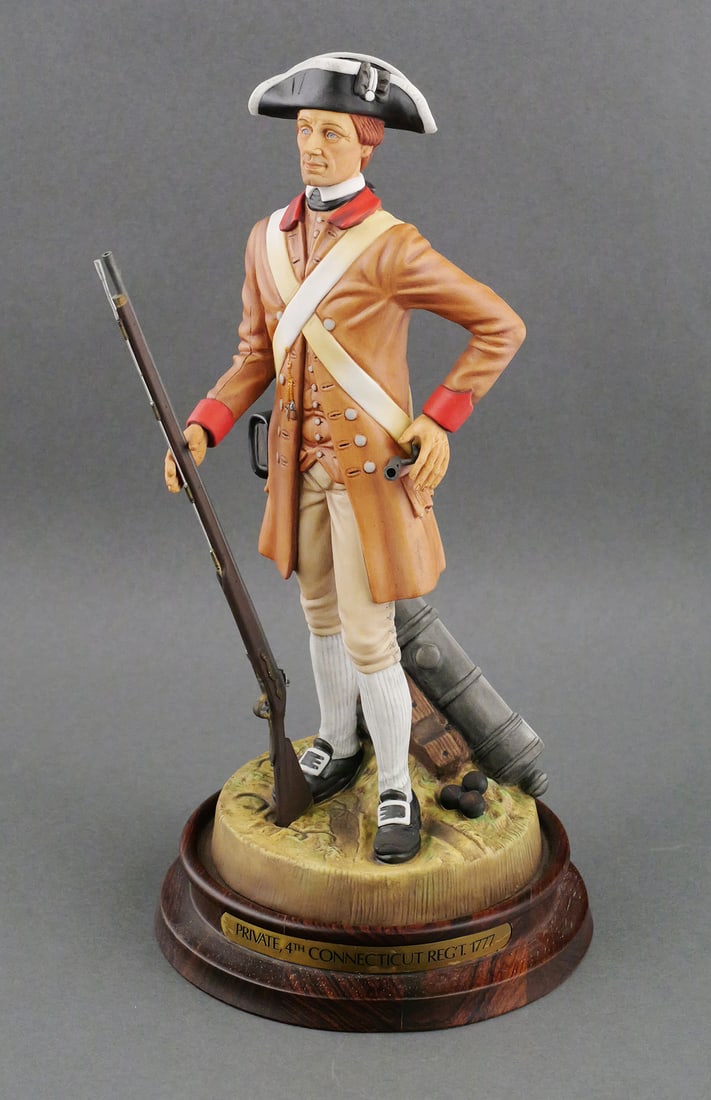 Royal Doulton Soldiers Of Revolution Connecticut: Royal Doulton Colonial Williamsburg Soldiers Of The Revolution Private, 4th Connecticut Regiment 1777. Numbered 270/350. Dated 1978. Comes with original base and COA book signed by artist, EJ