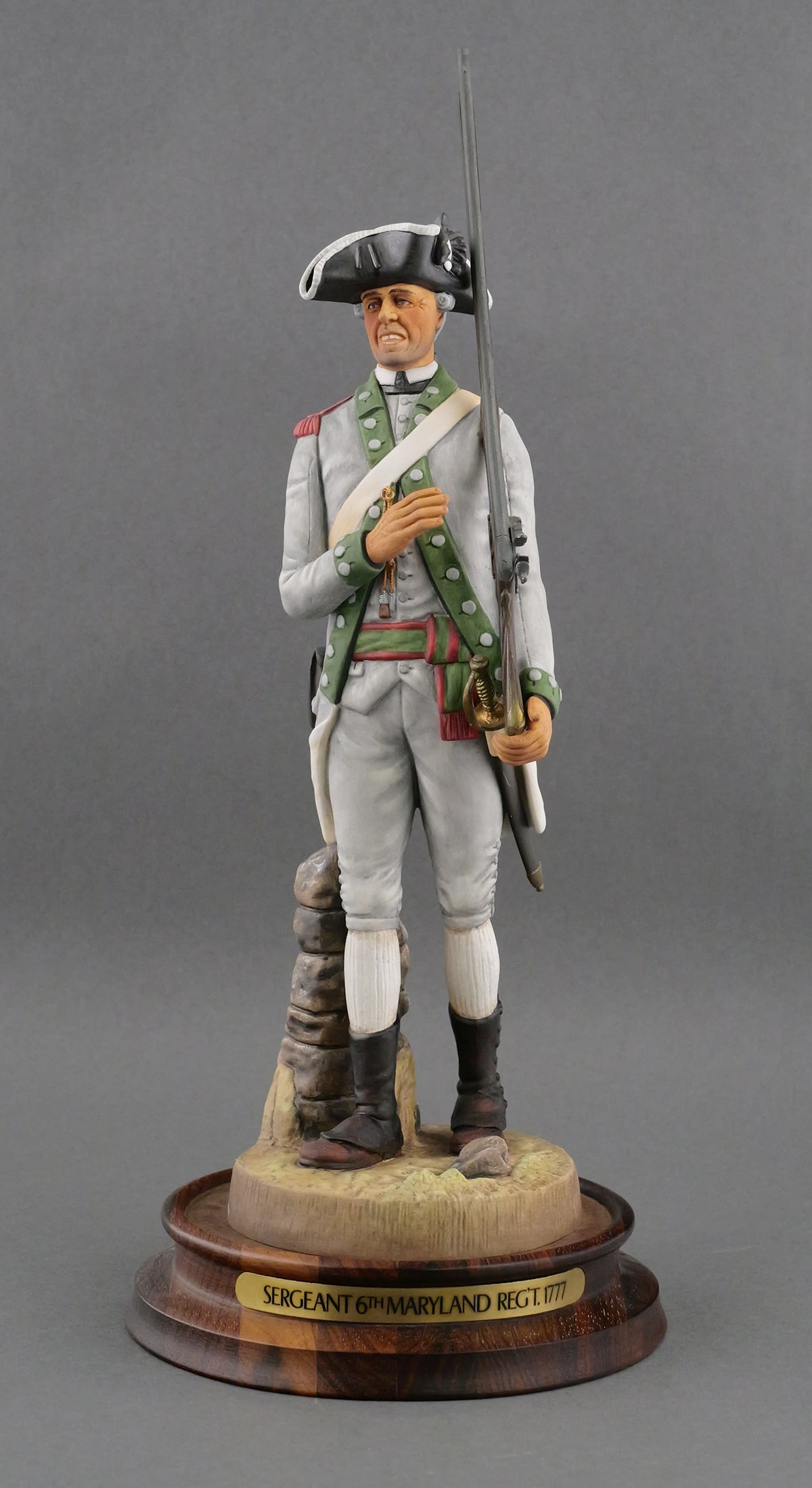 Royal Doulton Soldiers Of The Revolution Maryland: Royal Doulton Colonial Williamsburg Soldiers Of The Revolution Sergeant, 6th Maryland Regiment 1777. Numbered 270/350. Dated 1976. Comes with original base and COA book signed by artist, EJ