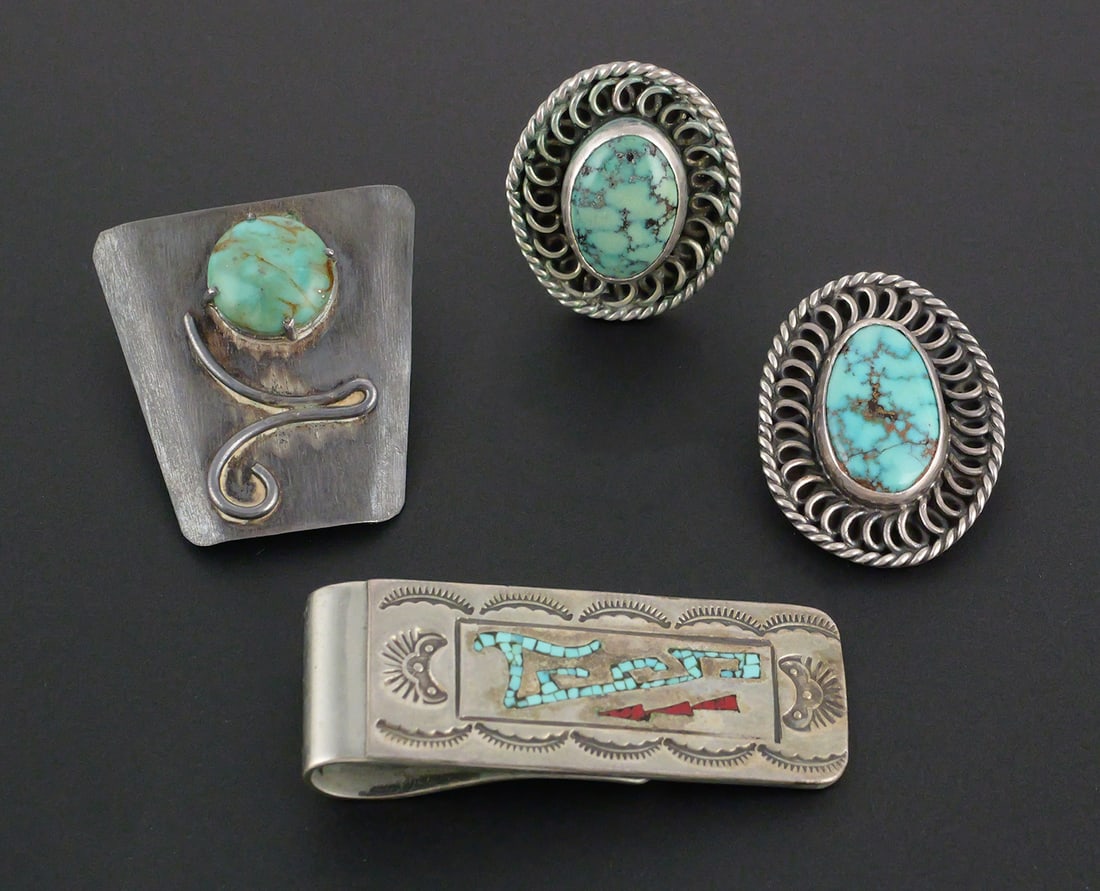 (4) Sterling Turquoise Navajo Jewelry: Four pieces of Navajo Native American Indian Southwest style jewelry- ring, pendant, bolo, and money clip. All but ring signed, all test as silver and presumed to be sterling. 44.1 grams tw. This