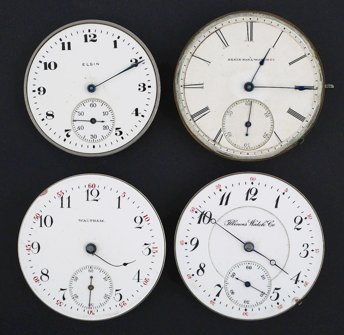 Four Antique Pocket Watch Movements: Lot of four antique American pocket watch movements for restoration, repair or parts. Includes an Elgin National Watch Co. 7 jewel movement, serial number 22585580; an A.W.W. Co. Waltham "Riverside"