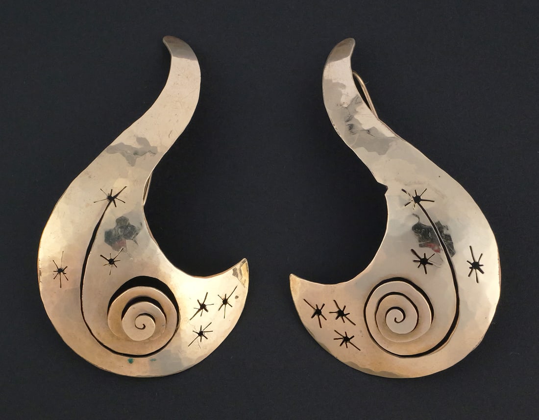 10K Gold Artist Signed Earrings: Vintage 10 karat yellow gold earrings signed by an unidentified artist. One of a kind design. Tests as 10 k gold, 9.1 grams tw, approx. 2-1/2"L. This item can be shipped in-house. Multiple lot