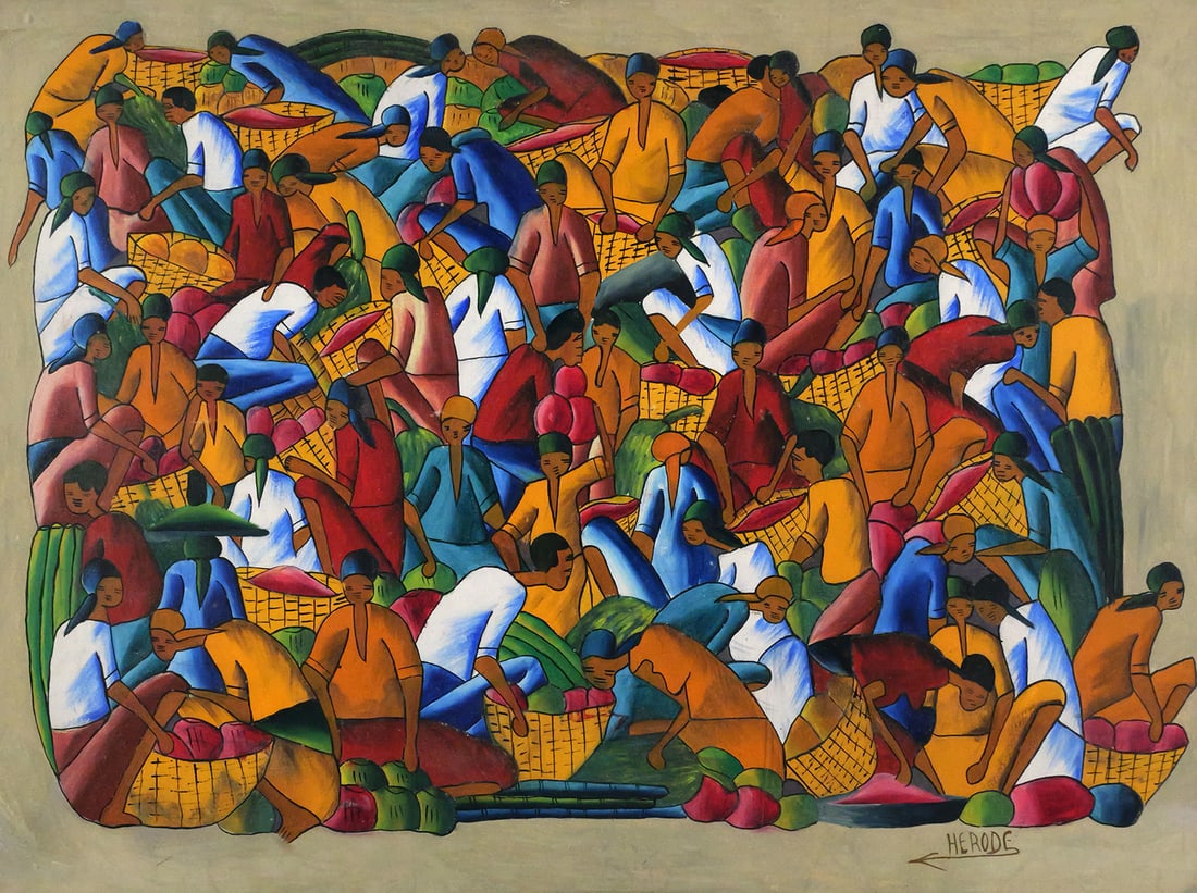 HERODE Haitian Painting: Painting of a large figural group by Haitian artists Herode Guirrand, signed lower right, image measures 29" x 38" frame measures 36" x 45", This item will need to be shipped by a packing company of