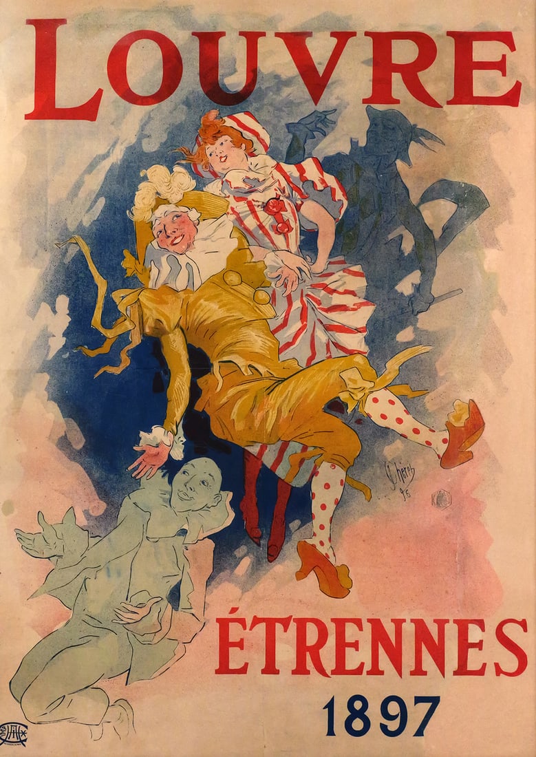 JULES CHERET, Grands Magasins du Louvre Poster: Jules Cheret (French, d. 1932), "Grands Magasins du Louvre" French advertising poster, dated 1896/1897. Frame window measures approx 33-1/4" x 46-1/4", frame approx 37-1/2" x 50-1/2". This item will