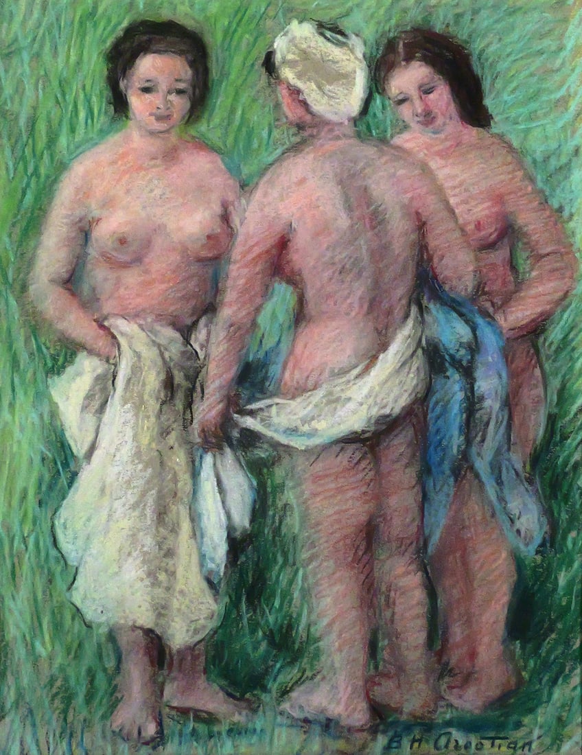 BH AROOTIAN Nude Women Pastel: Pastel on paper of three nude women or the three graces, signed lower right B H Arootian. Baidzar H. Arootian (Armenian/American, 1899-1985) was active in New York City, and one of her works -- create