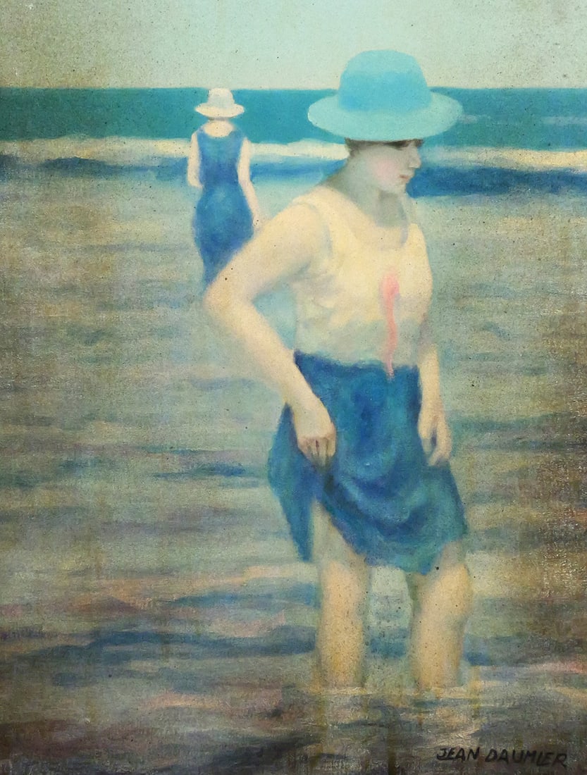 JEAN DAUMIER Beach Scene Painting: Oil on canvas painting of two women at the beach, signed lower right Jean Daumier, canvas measures 20" x 16" frame measures 30" x 26". This item will need to be shipped by a packing company of your
