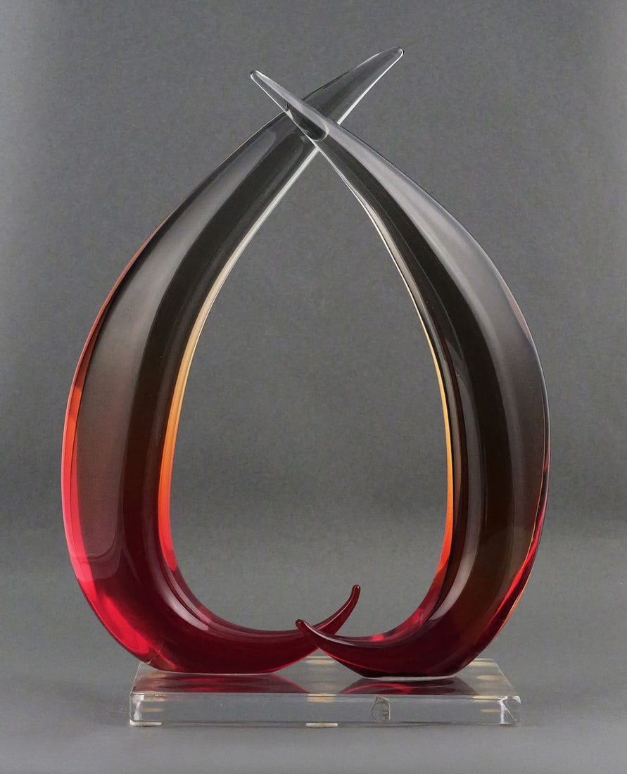 Tall Modern Abstract Art Glass Sculpture: Tall Modern Abstract Art Glass Sculpture, signed (signature illegible). Measures approx 16-1/4" tall, 12" wide, 6-1/2" deep. This item will need to be shipped by a packing company of your choice. We