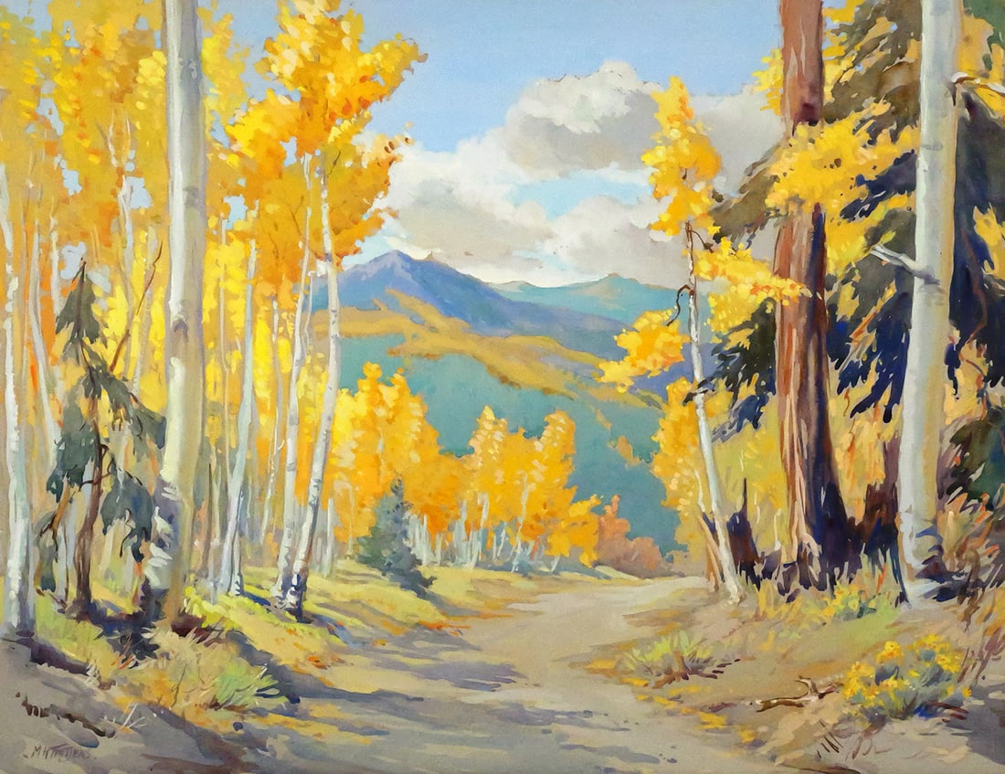 MARJORIE TIETJENS Watercolor, Colorado Aspens: Dramatic watercolor landscape depicting aspens and Colorado mountains. Painting by artist Marjorie H. Tietjens (American, 1895-1987). Sight size 19-1/4" x 25-1/2" in 32-1/4" x 38" frame. Signed lower 