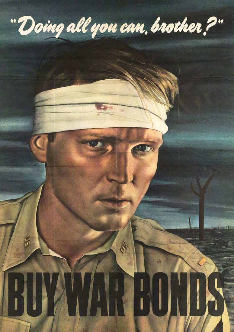 WWII War Bond Poster, Doing all you can, Brother: Original WWII propaganda war bonds poster. Published by the U.S. Government Printing Office. Artwork by Robert S. Sloan. Frame approx 28-3/4" x 40-1/4". One of several WW2 posters in today's auction. 