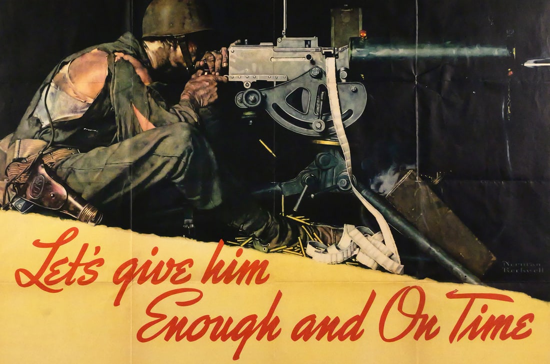 Norman Rockwell, WWII Poster: "Let's Give Him Enough And On Time" Original WWII poster. Artwork by Norman Rockwell. Mat window approx 27" x 39-1/2", Frame approx 34" x 47". One of several WW2 posters in today's auction. This item 