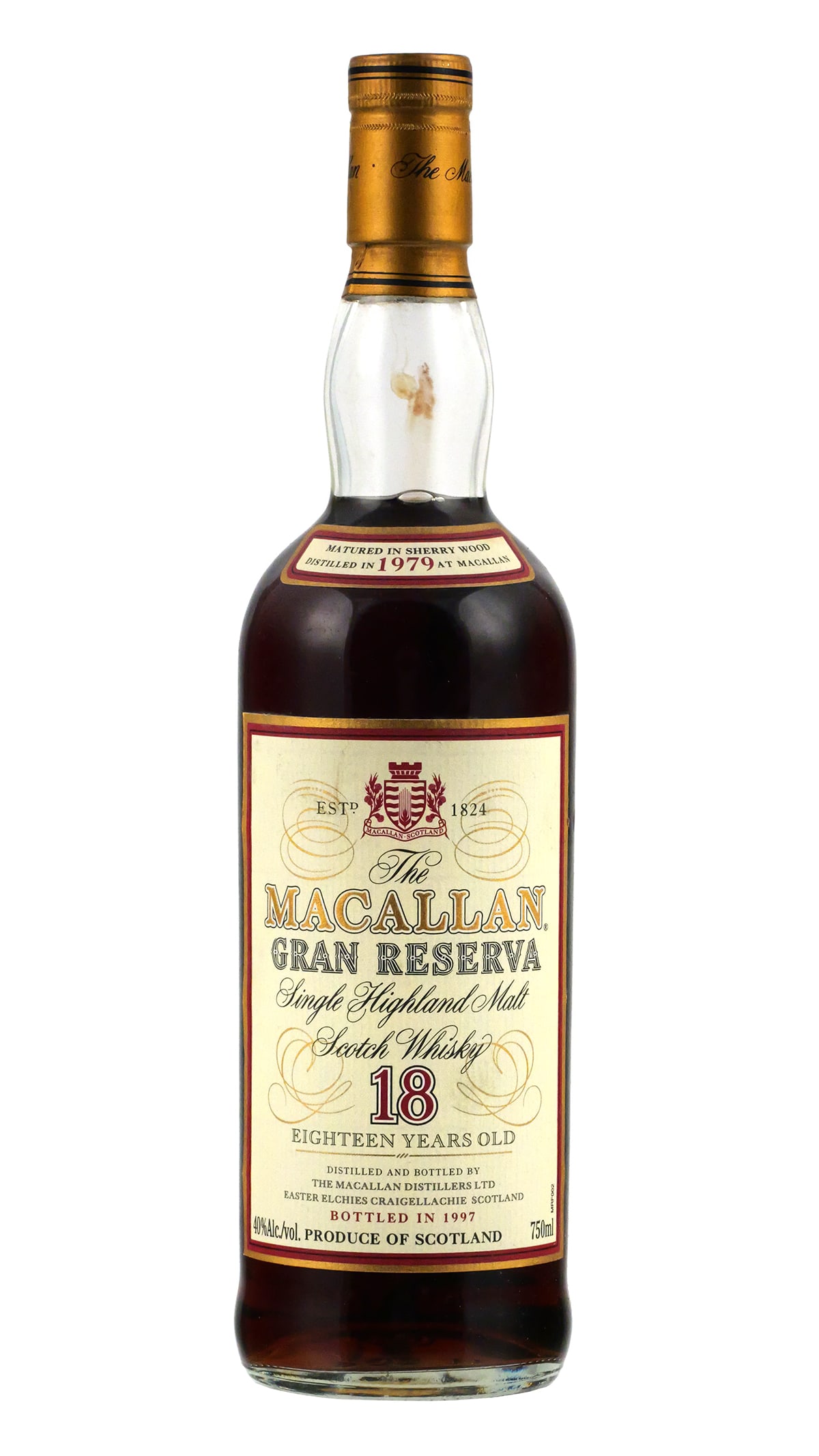 MACALLAN Gran Reserva 18yo Scotch Bottle: Sealed, boxed bottle. Macallan Gran Reserva 18 year old scotch, distilled in 1979. The 1979 vintage is widely regarded as the absolute best of the highly-sought-after Gran Reserva series, considered a